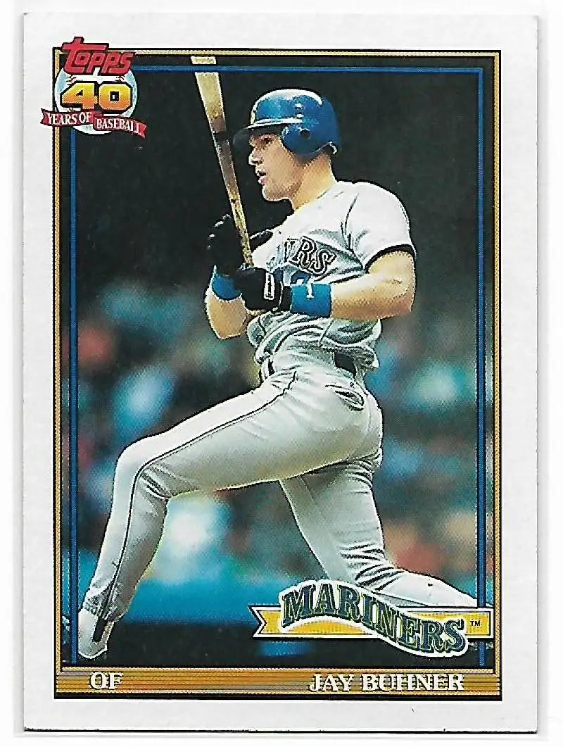 Baseball card of Jay Buhner batting in white Seattle Mariners uniform