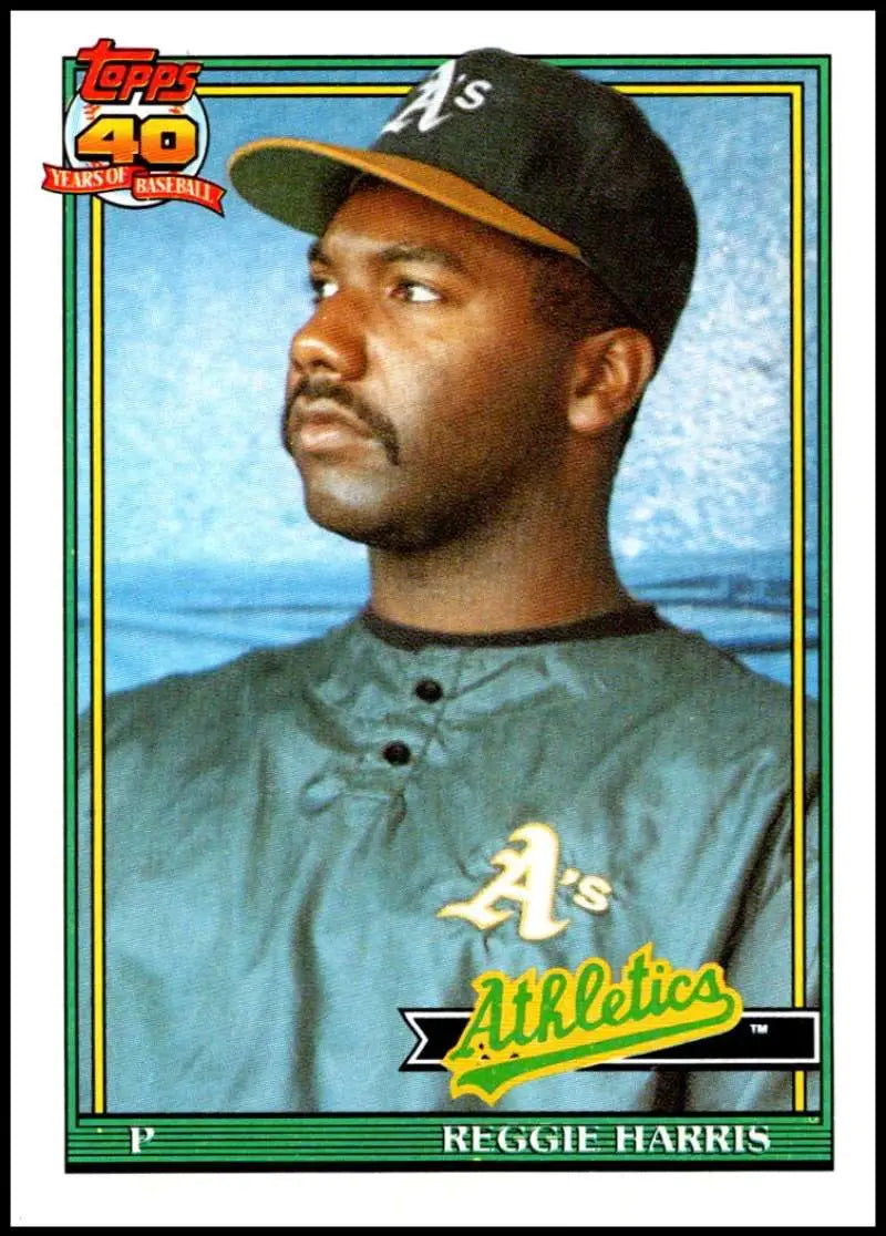 1991 Topps #177 Reggie Harris baseball card featuring Oakland Athletics player in green uniform