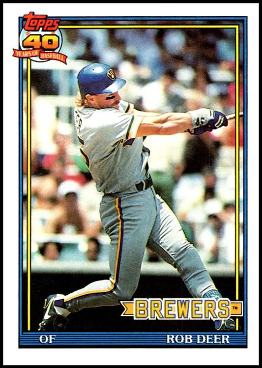 Rob Deer swinging bat on 1991 Topps #192 Milwaukee Brewers Baseball Card