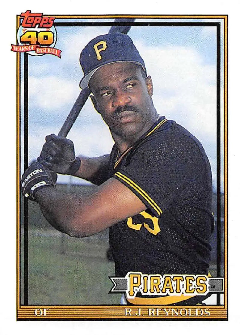Pittsburgh Pirates baseball card of R.J. Reynolds in a black uniform with bat