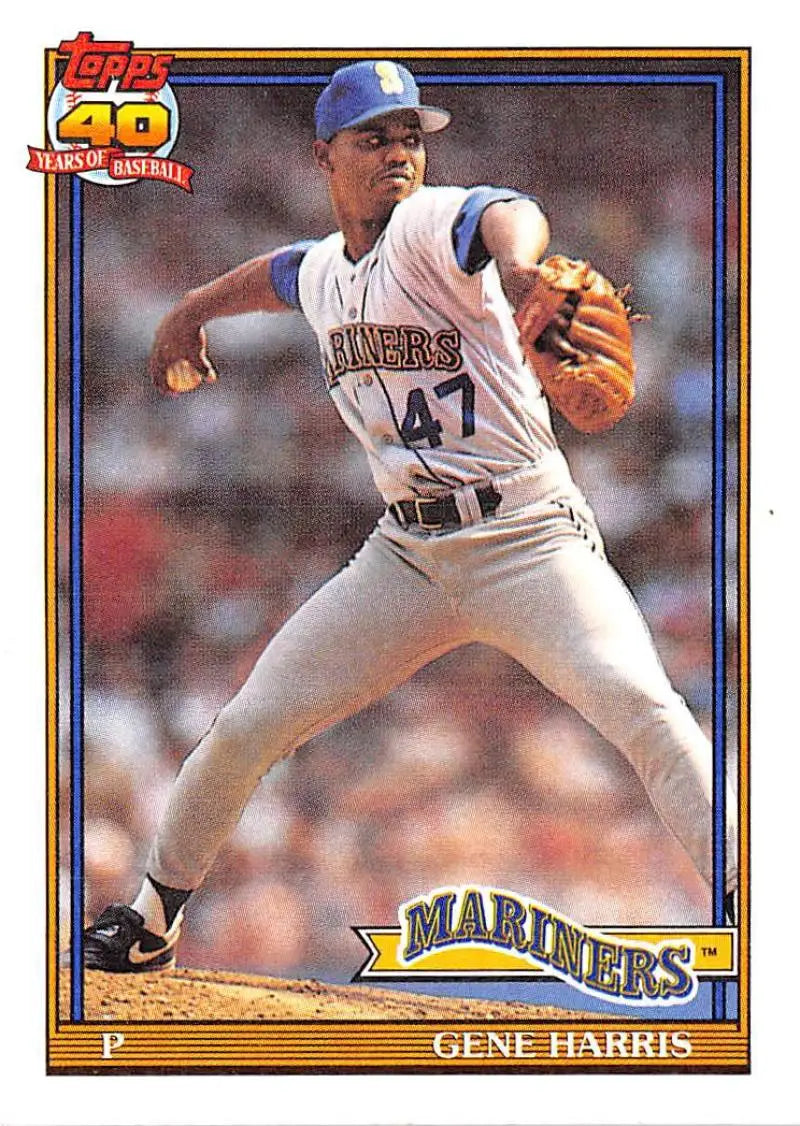 Baseball card of Gene Harris, Seattle Mariners pitcher in white uniform, number 41