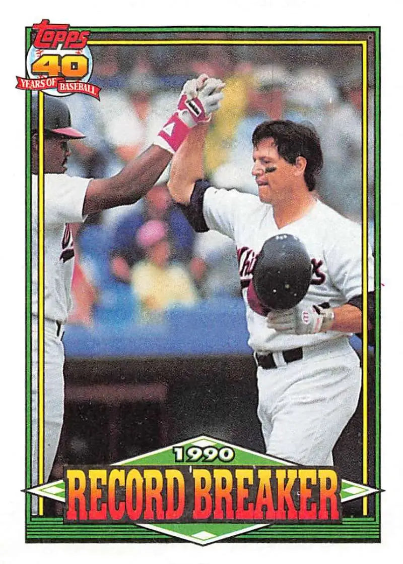 Carlton Fisk celebrating on a 1990 Topps White Sox baseball card from Record Breaker series