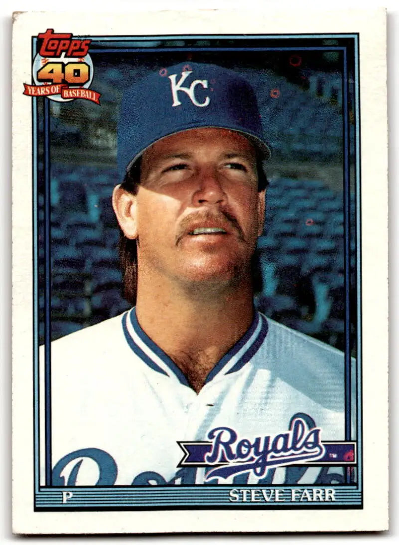 Baseball card of Steve Farr in Kansas City Royals uniform with blue cap