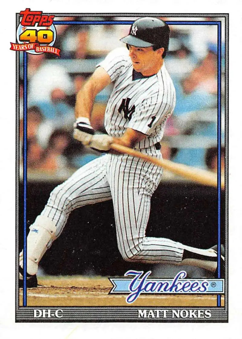 Baseball card of Matt Nokes batting in a New York Yankees pinstripe uniform