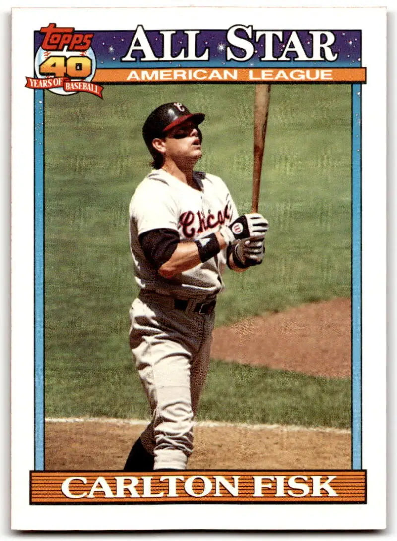 Baseball card of Carlton Fisk from the Chicago White Sox at bat during a game