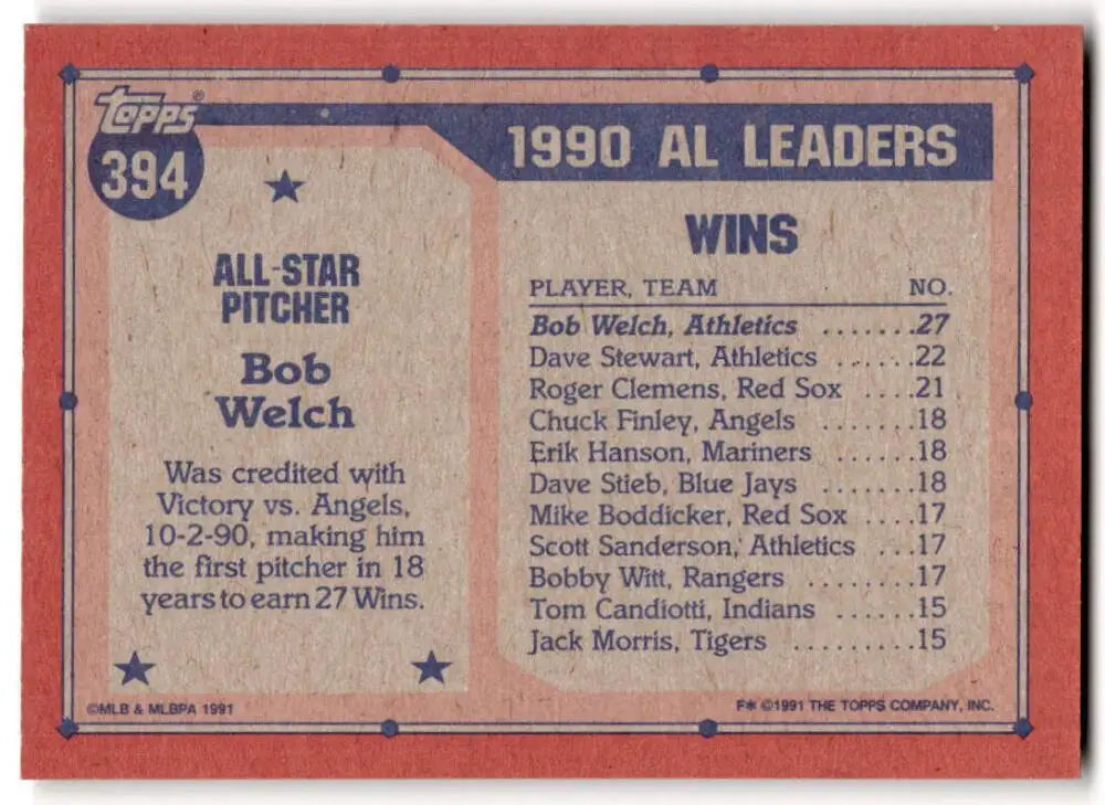 1991 Topps #394 Bob Welch Oakland Athletics Baseball Card with 1990 AL pitching wins leaders stats
