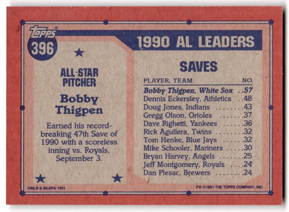 1991 Topps #396 Bobby Thigpen Baseball Card featuring Chicago White Sox saves leaders