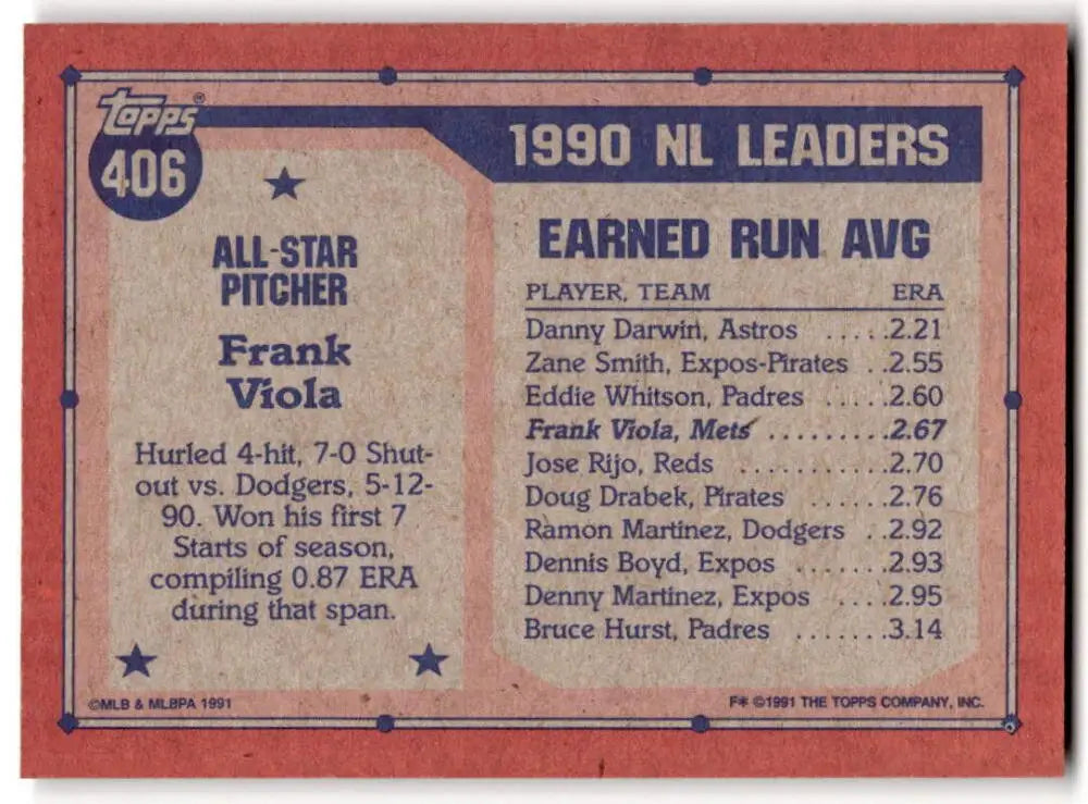 1990 Topps Baseball Card featuring Frank Viola as NL ERA leader for New York Mets