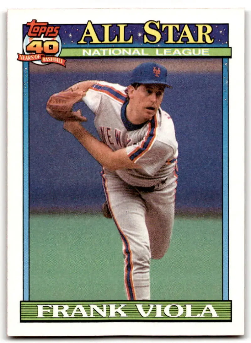 New York Mets baseball card of Frank Viola in mid-throwing motion, white uniform