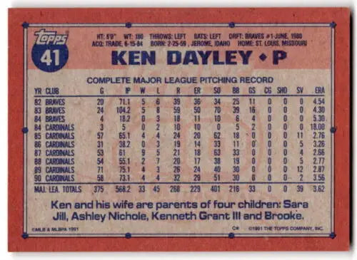 Ken Dayley baseball card 1991 Topps #41 in original gloss, Near Mint condition