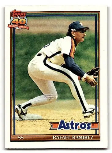 Original gloss 1991 Topps Rafael Ramirez Houston Astros baseball card front view