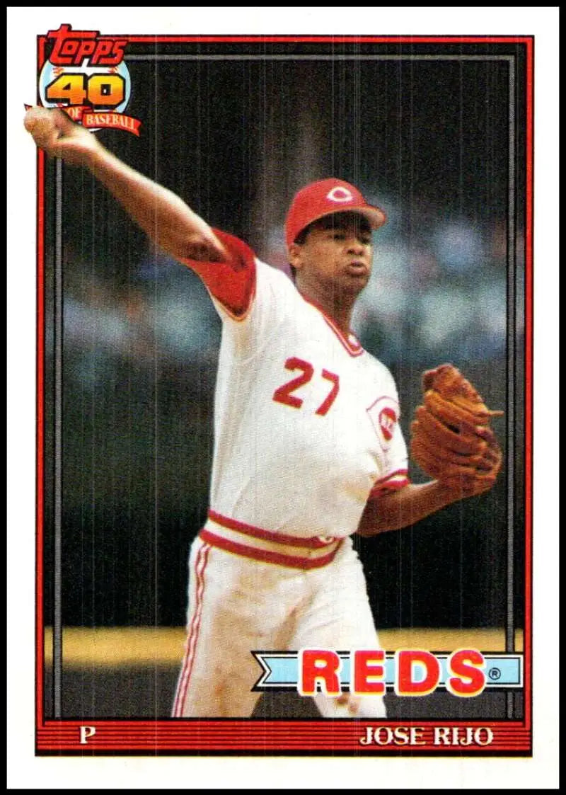 Cincinnati Reds baseball card of Jose Rijo in mid-throwing motion wearing number 27