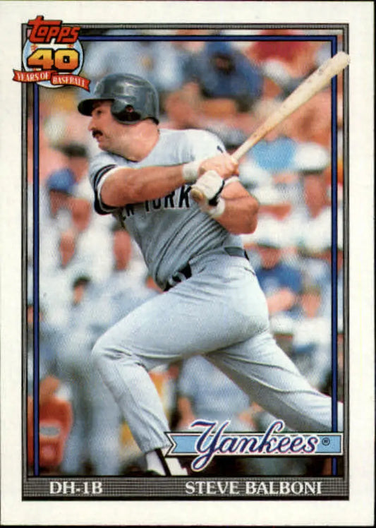 Baseball card of Steve Balboni batting in gray uniform for New York Yankees