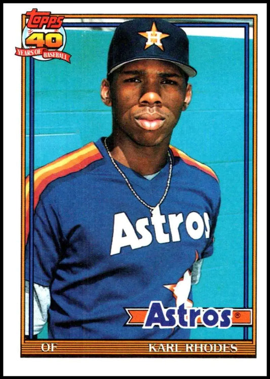 Vintage Topps baseball card of Karl Rhodes in classic Houston Astros uniform