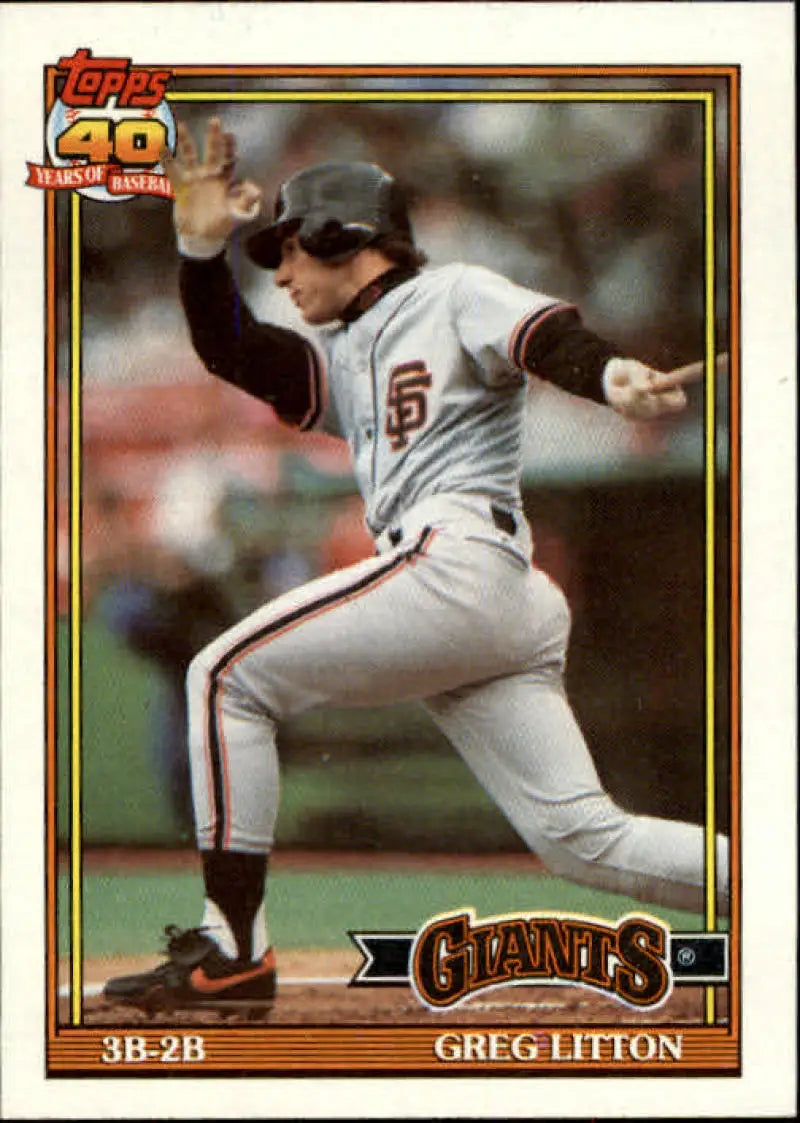 Topps baseball card of Greg Litton in gray San Francisco Giants uniform mid-swing