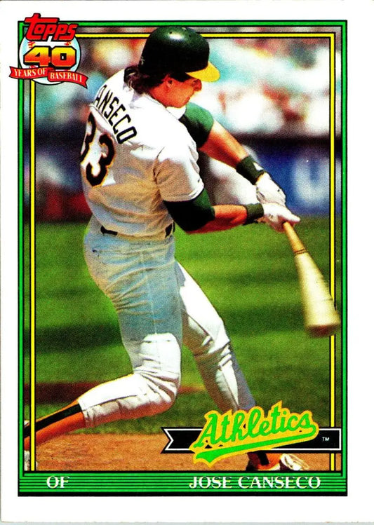 Jose Canseco swinging a bat in white uniform on 1991 Topps Oakland Athletics baseball card