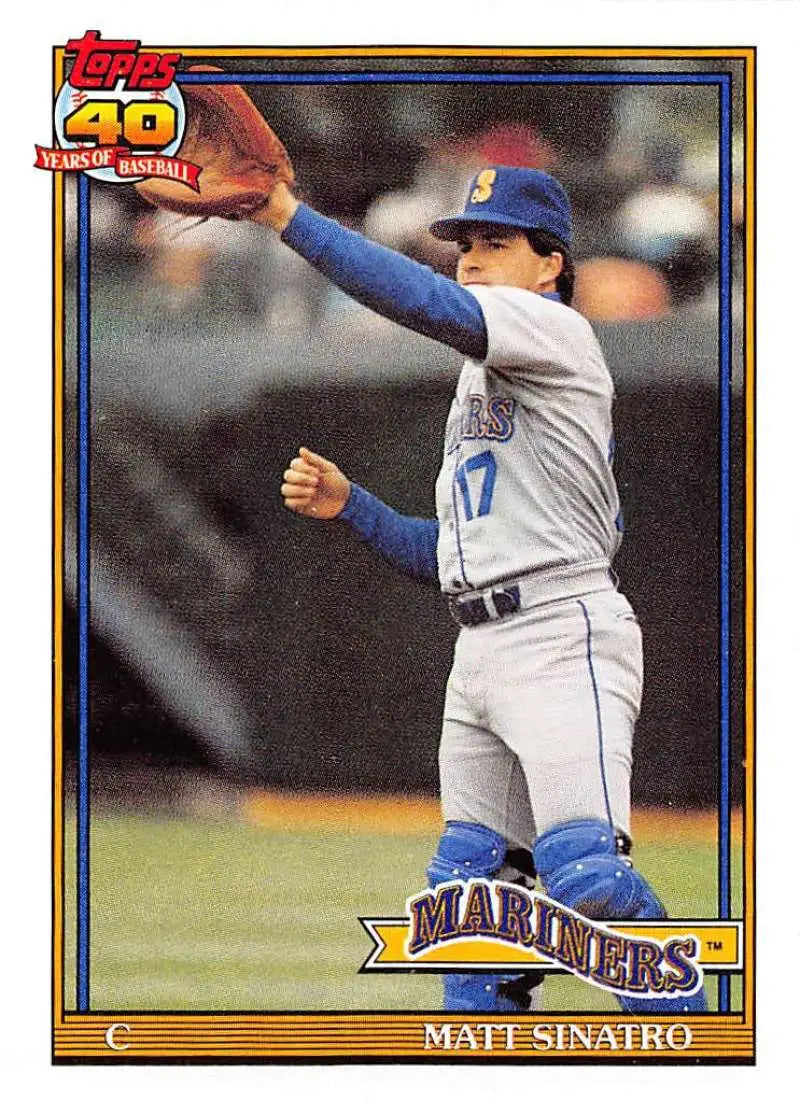 Matt Sinatro in a gray Seattle Mariners uniform catching a ball baseball card