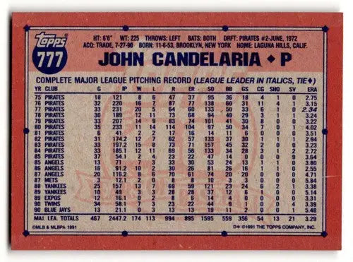 1991 Topps #777 John Candelaria Toronto Blue Jays Baseball Cards ID:53039 - Baseball Cards