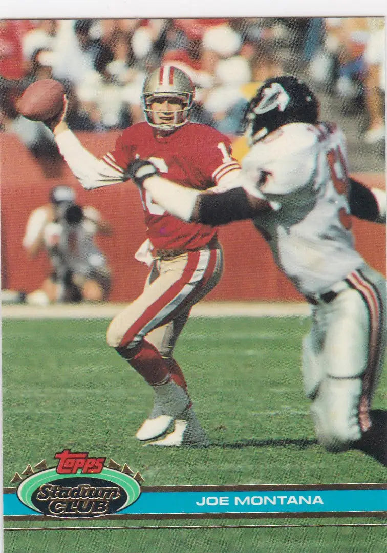 Joe Montana football card from 1991 Topps Stadium Club featuring Montana San Francisco 49ers