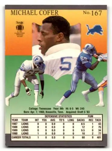 Michael Cofer Detroit Lions football card with original gloss 1991 Ultra #167 NM
