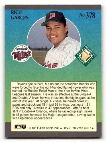 1991 Ultra #378 Rich Garces Minnesota Twins Baseball Cards EX/NM ID:54001 - Baseball Cards