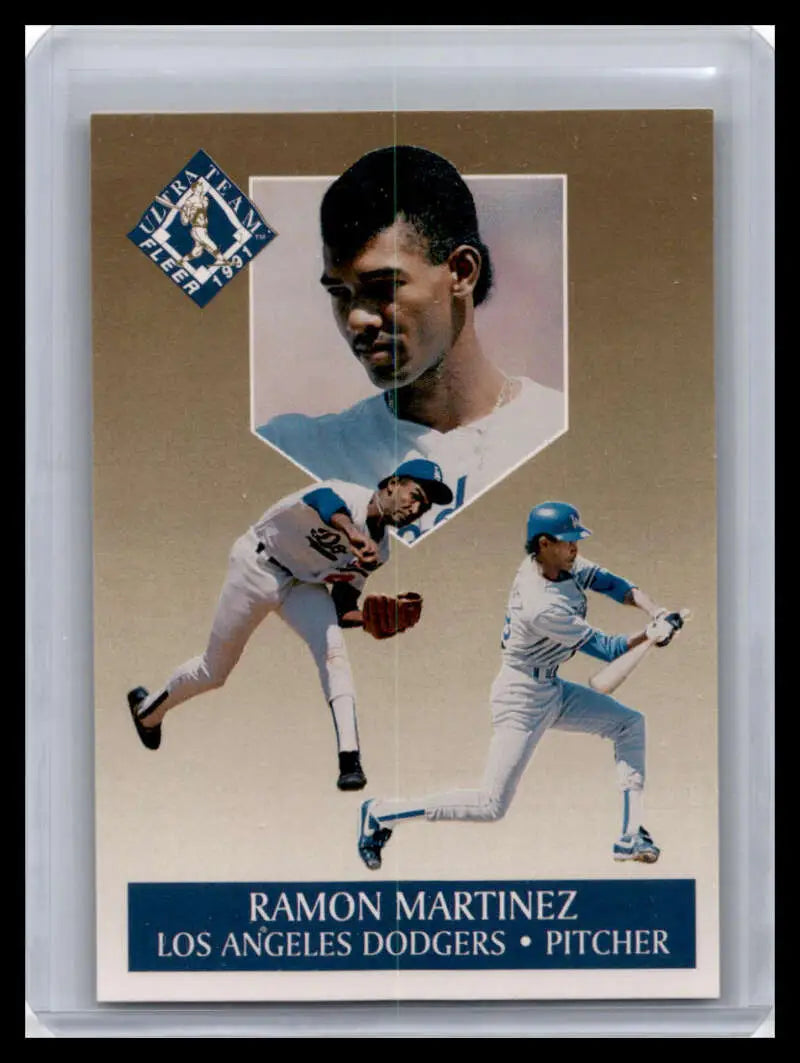 Baseball card of Ramon Martinez in action poses for Los Angeles Dodgers in white uniform