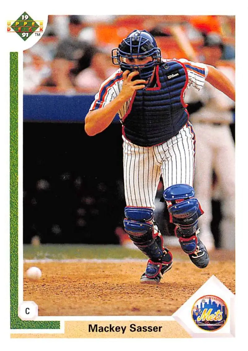 Mackey Sasser Upper Deck baseball card of New York Mets catcher fielding a ground ball