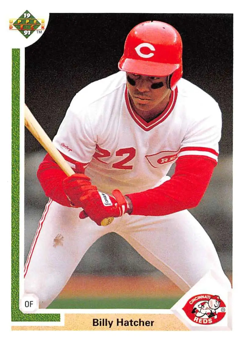 Cincinnati Reds player Billy Hatcher in batting stance on 1991 Upper Deck card