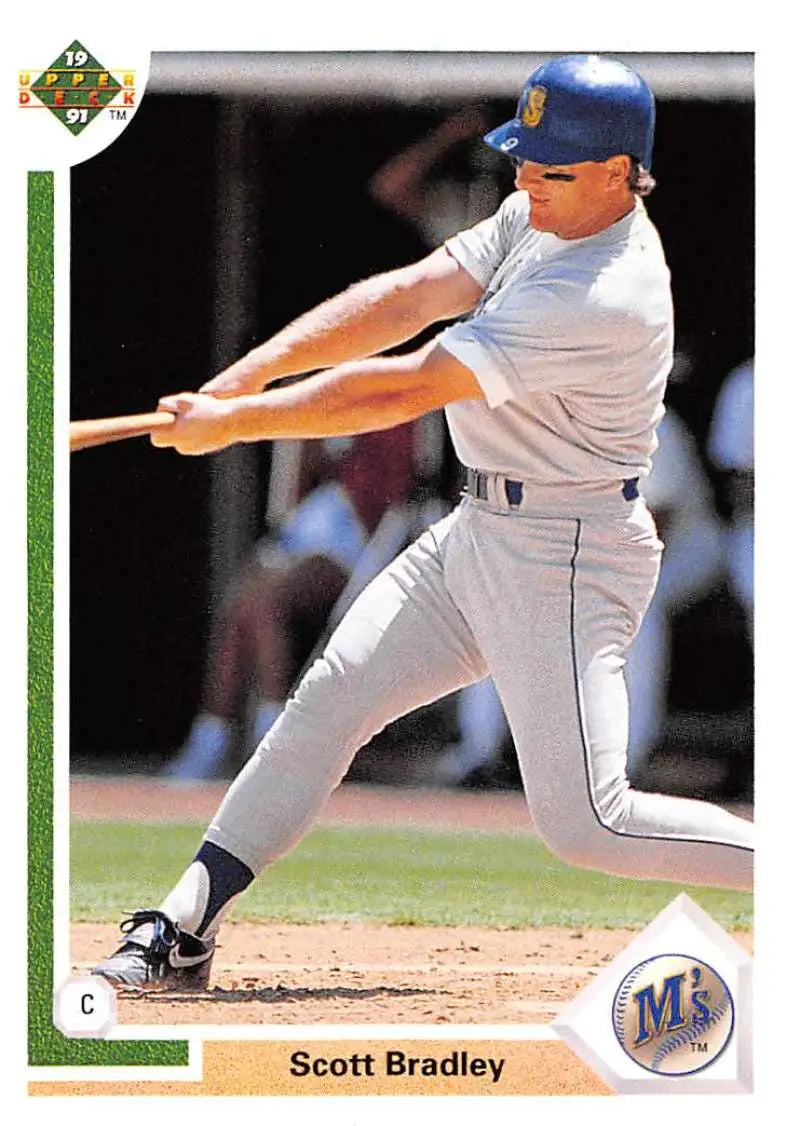 Scott Bradley swinging bat in Seattle Mariners uniform on Upper Deck baseball card