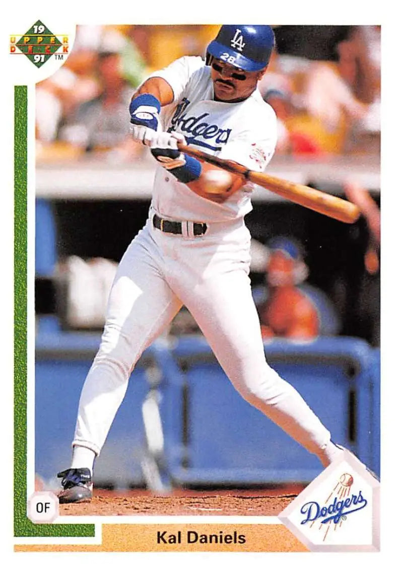 Kal Daniels swinging a bat on a Los Angeles Dodgers baseball card from 1991 Upper Deck