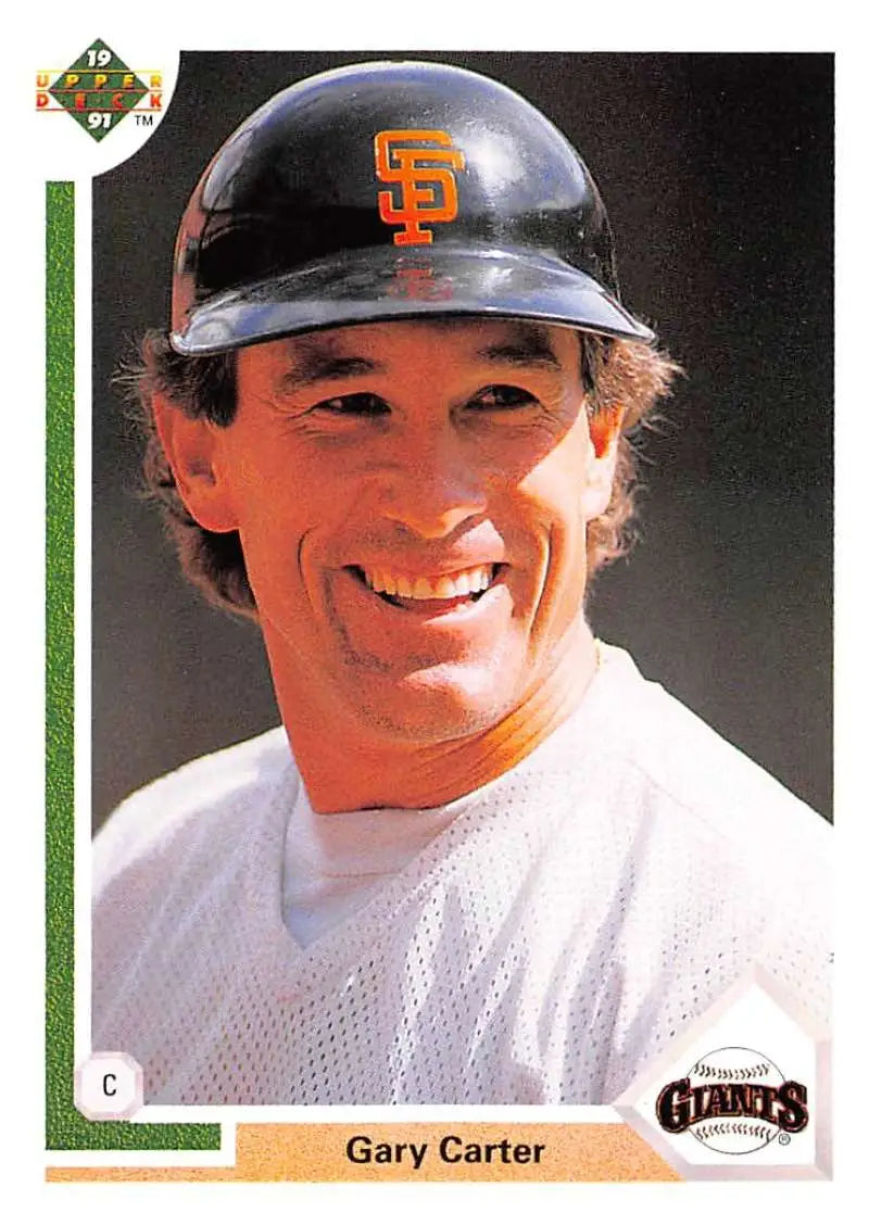 Gary Carter smiling in San Francisco Giants helmet and jersey for baseball card image