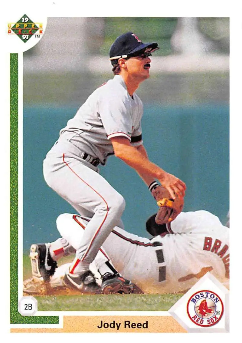 1991 Upper Deck Jody Reed baseball card of Boston Red Sox second baseman making a tag