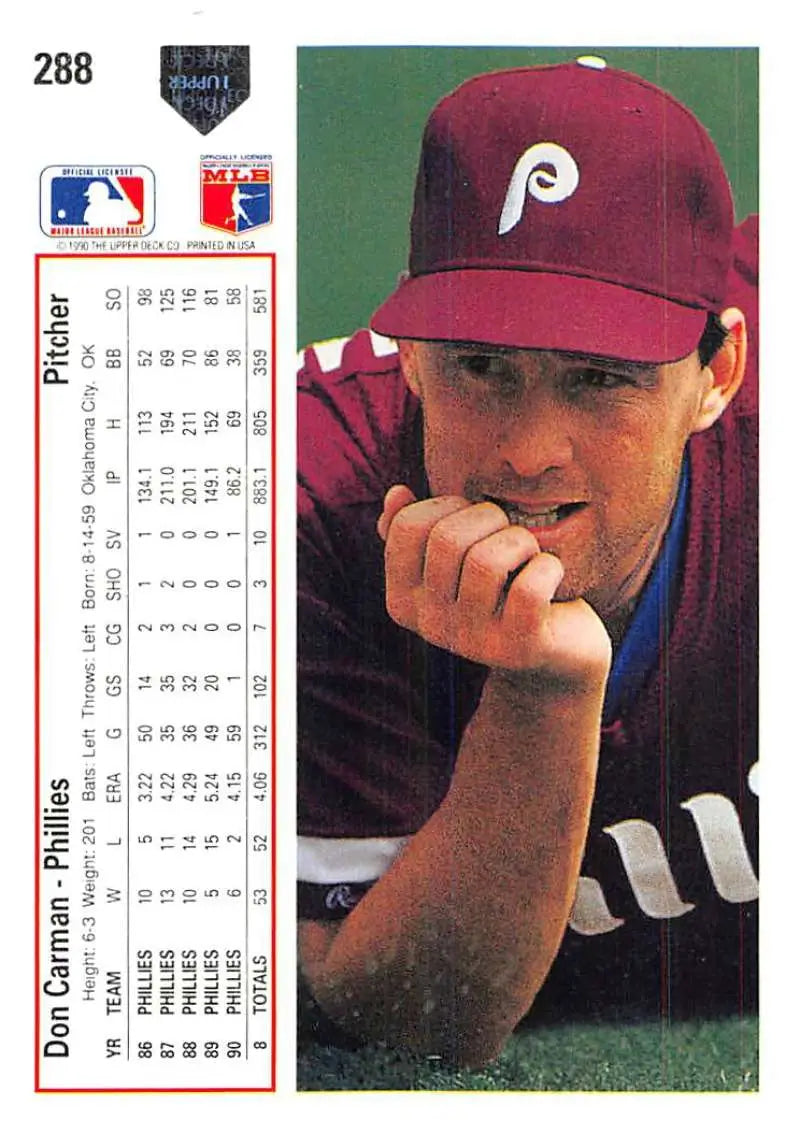 1991 Upper Deck Don Carman baseball card featuring Philadelphia Phillies player with burgundy cap