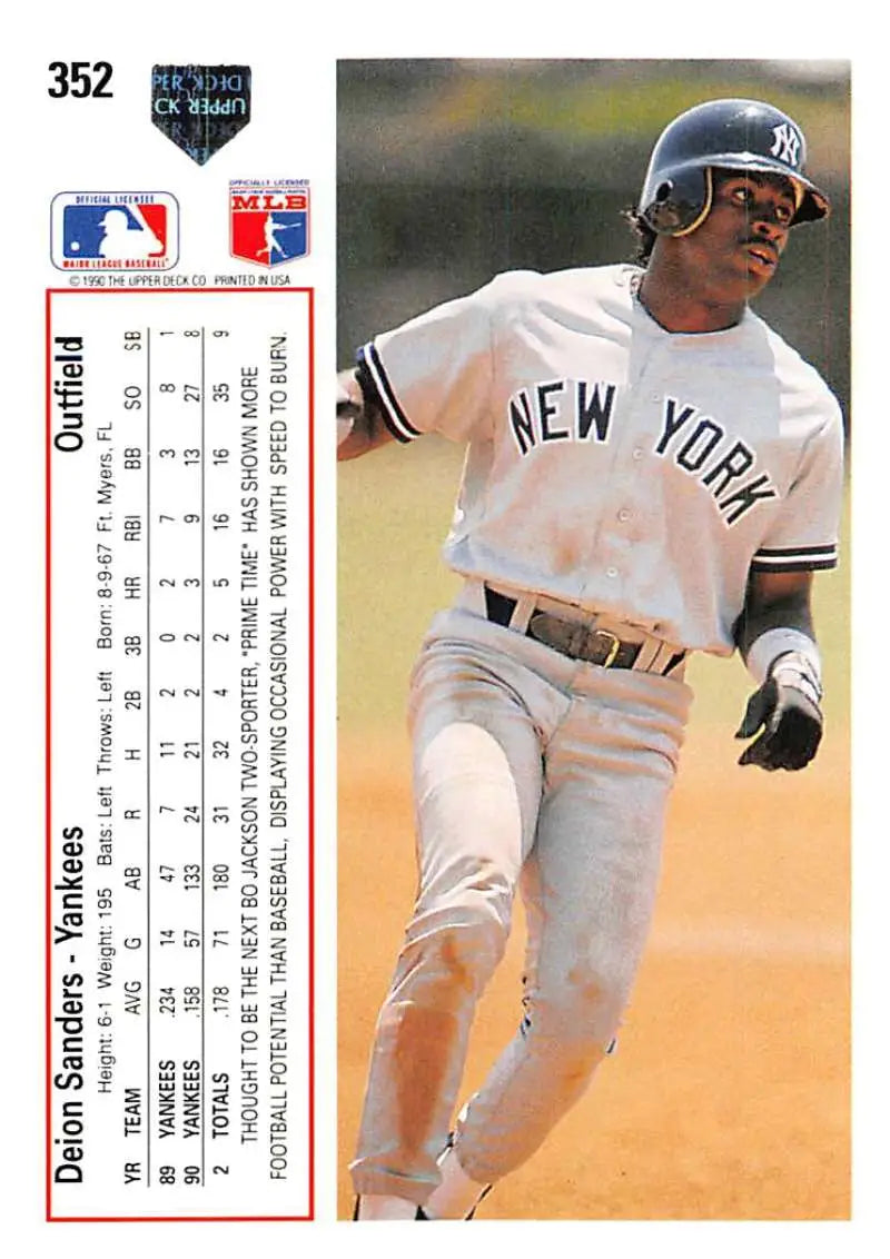 Deion Sanders in New York Yankees away uniform running the bases on baseball card