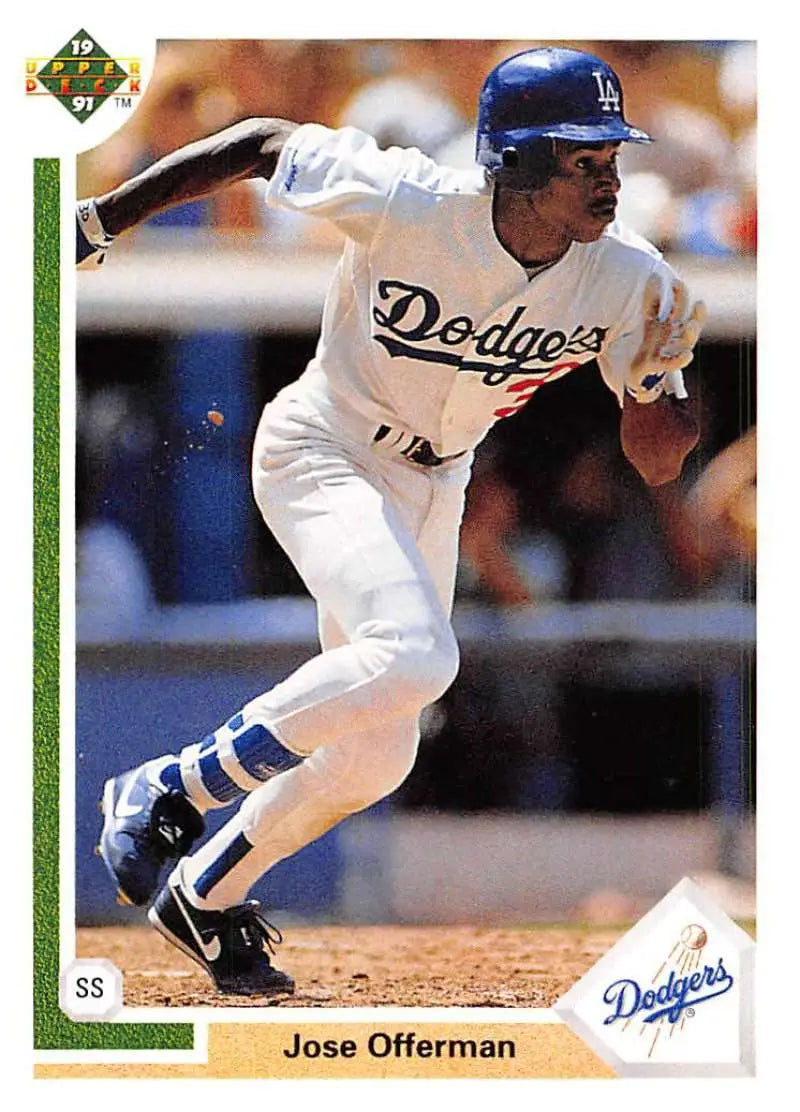 Jose Offerman running after hitting the ball on a Los Angeles Dodgers trading card