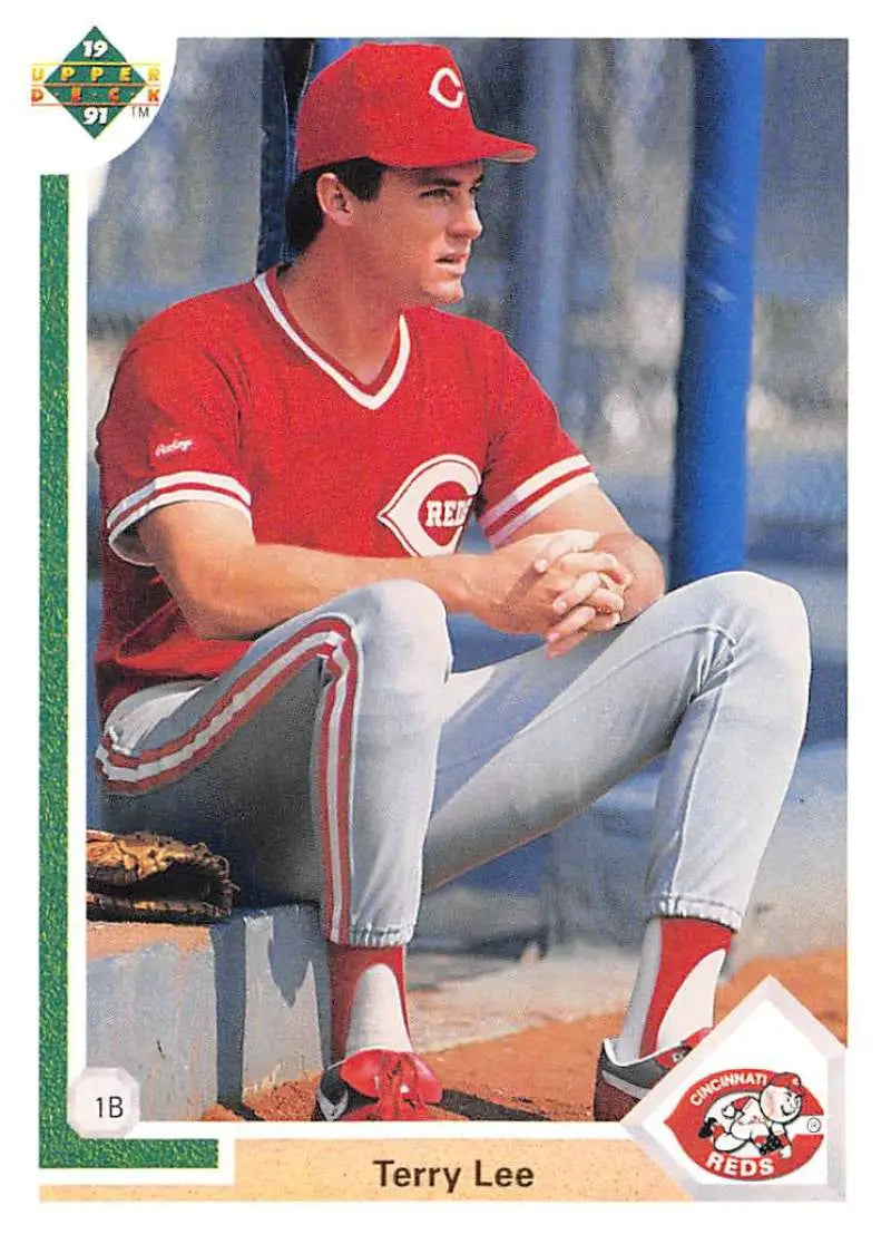 Cincinnati Reds player Terry Lee in dugout, featured on baseball card 1991 Upper Deck #37