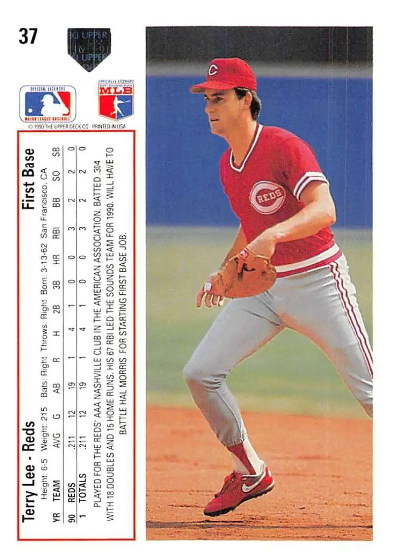 Baseball card of Terry Lee in red uniform for Cincinnati Reds preparing to field