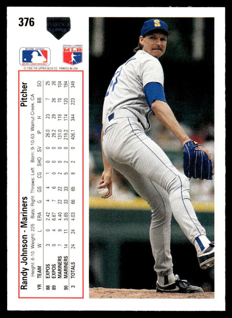 Randy Johnson mid-delivery in white Mariners uniform on Upper Deck baseball card