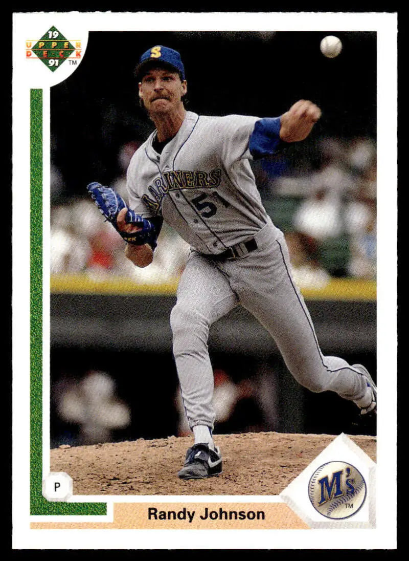 Randy Johnson delivering a pitch in Seattle Mariners uniform for Upper Deck baseball card