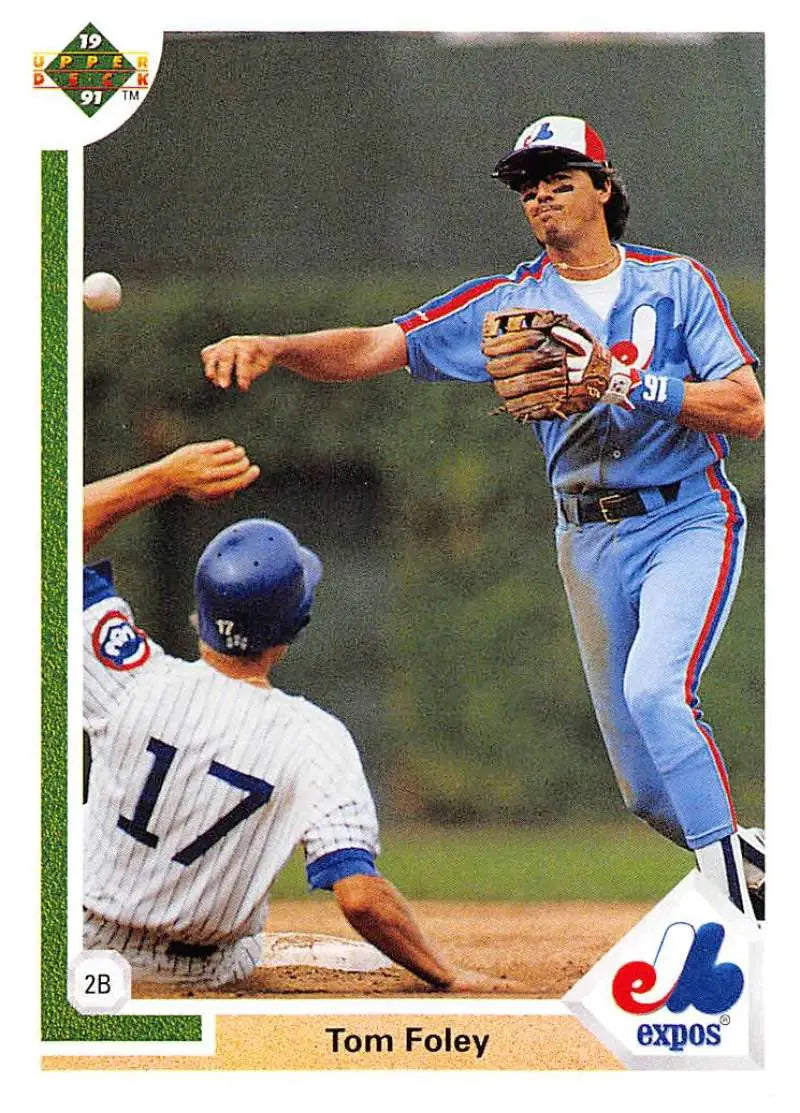 Tom Foley of the Montreal Expos turns a double play in this Upper Deck baseball card