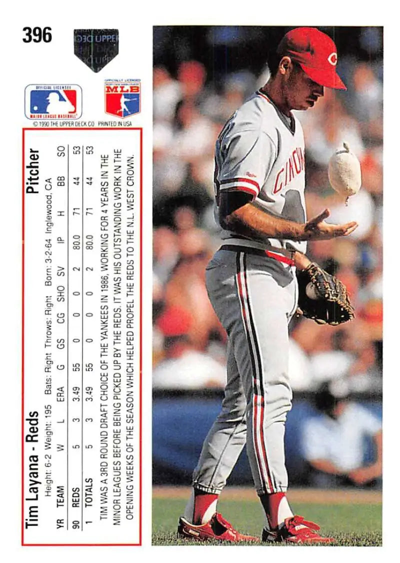 Cincinnati Reds Tim Layana baseball card featuring pitcher in gray road uniform