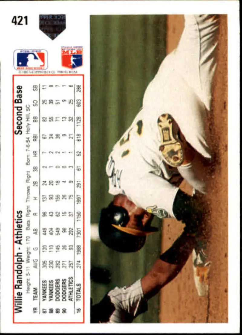Baseball card of Willie Randolph diving catch for Oakland Athletics