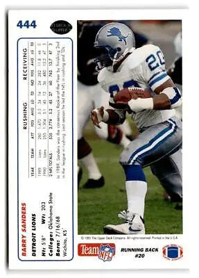Barry Sanders 1991 Upper Deck #444 football trading card collectible item