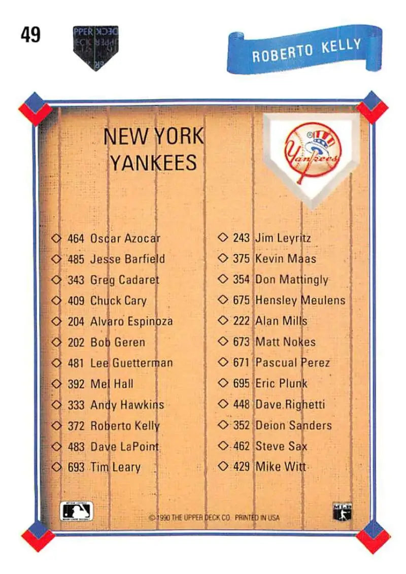 Baseball card roster checklist featuring Roberto Kelly for New York Yankees Upper Deck