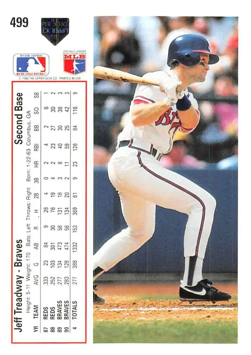 Jeff Treadway mid-swing in Braves uniform on 1991 Upper Deck Baseball Card