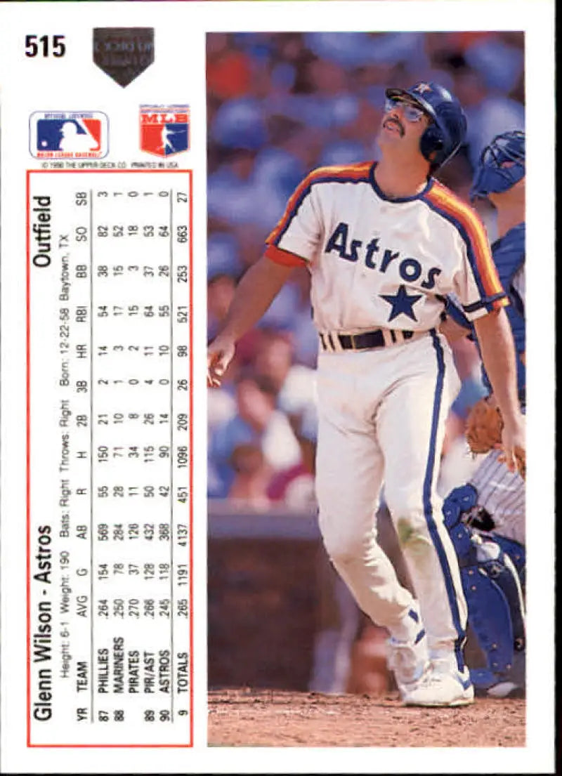1991 Upper Deck #515 Glenn Wilson Houston Astros Baseball Card in home uniform at bat