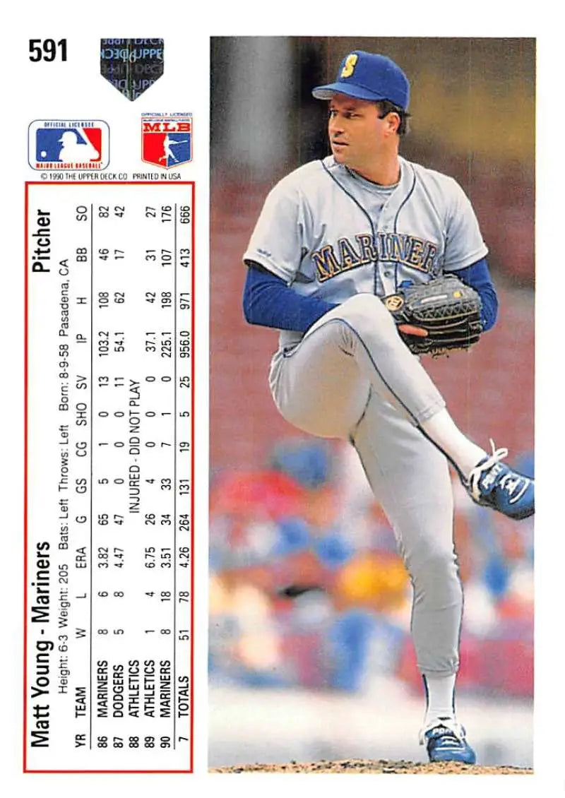 Matt Young delivering a pitch on a Seattle Mariners baseball card from 1991