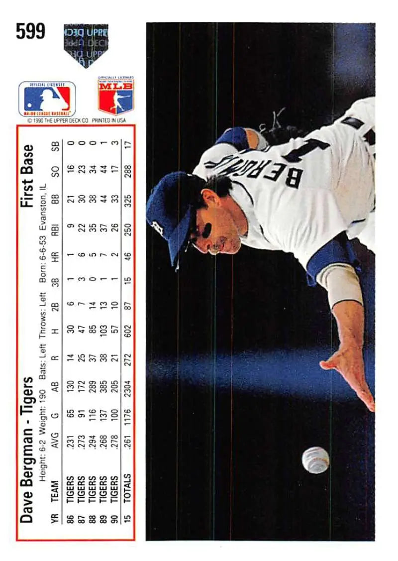 Baseball card of Dave Bergman reaching for a baseball, Detroit Tigers, Upper Deck