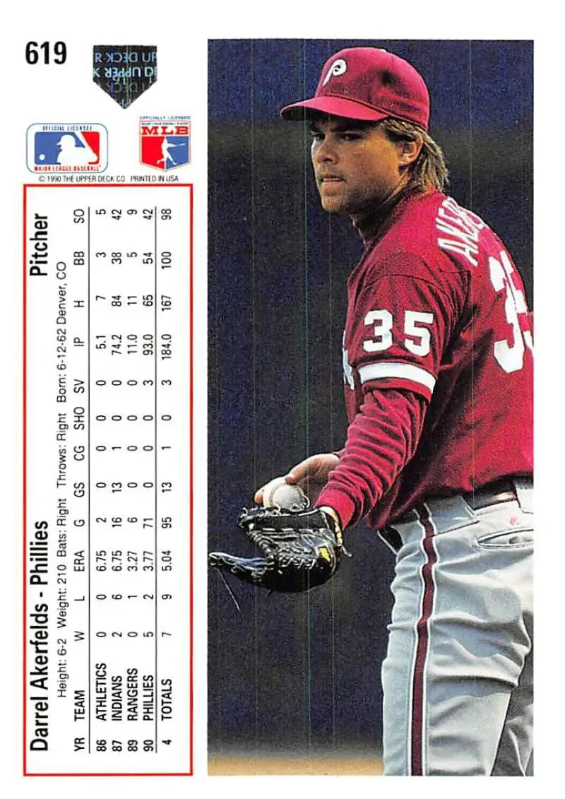 Baseball card of Darrel Akerfelds in red uniform for Philadelphia Phillies Baseball
