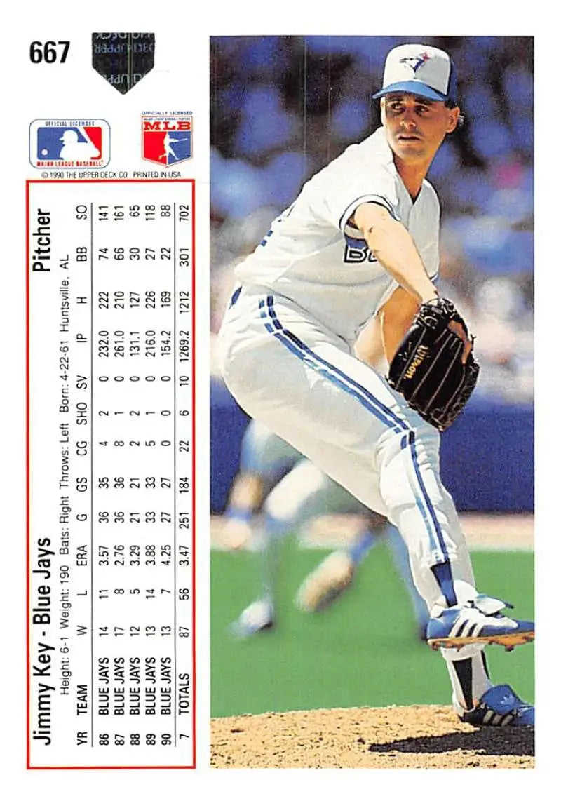 Blue Jays pitcher Jimmy Key mid-delivery on 1991 Upper Deck baseball card